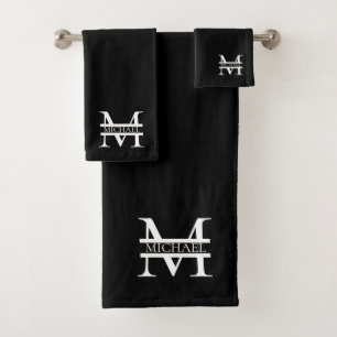 Personalized Elegant Monogram and Name Black Bath Towel Set