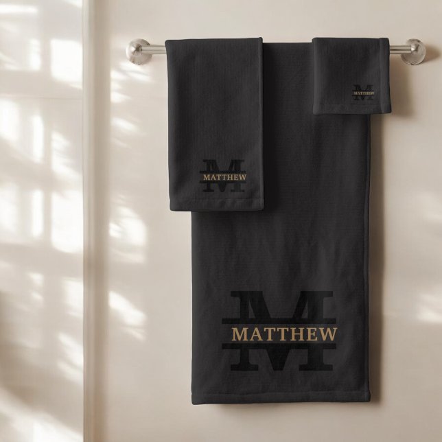 Personalized Elegant Monogram and Name Black Bath Towel Set (Creator Uploaded)