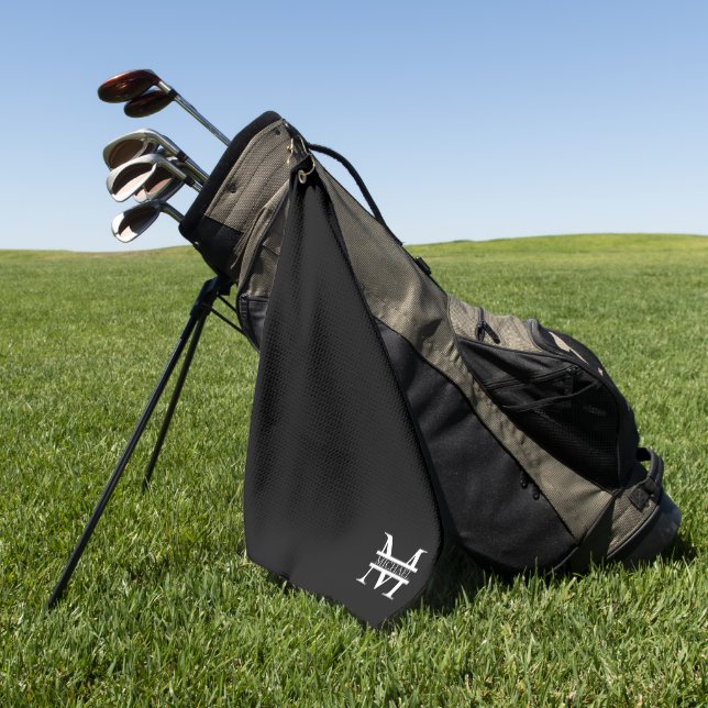 Personalized Elegant Monogram and Name Black Golf Towel (Green)