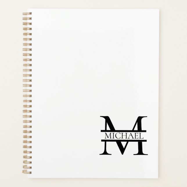 Personalized Elegant Monogram and Name White Planner (Front)