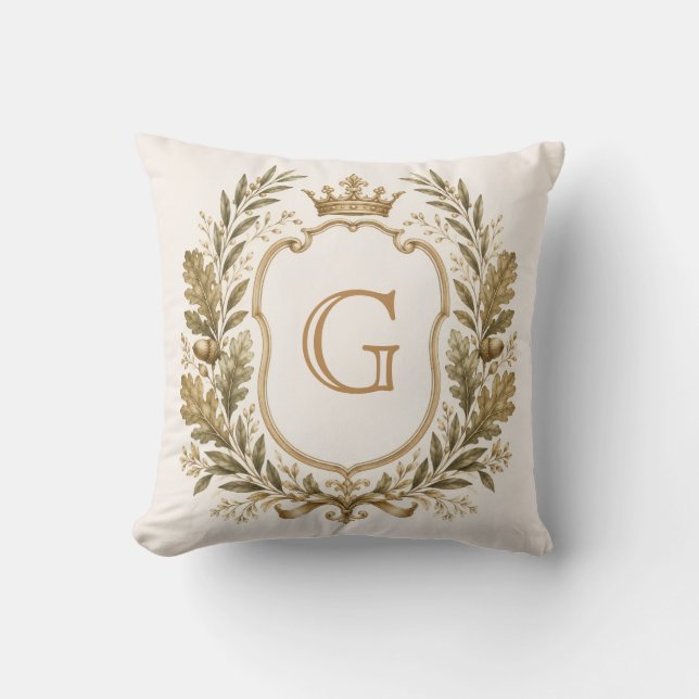 Personalized Elegant Monogram Crest Throw Pillow (Front)