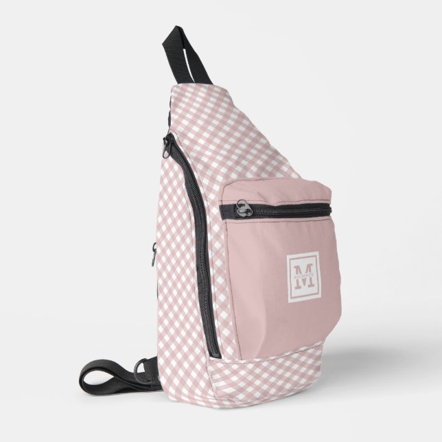 Personalized Elegant Muted Pink Plaid Pattern Sling Bag (Left Corner)