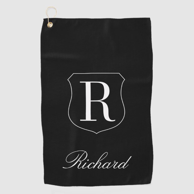 Personalized elegant name monogram logo black golf towel (Front)