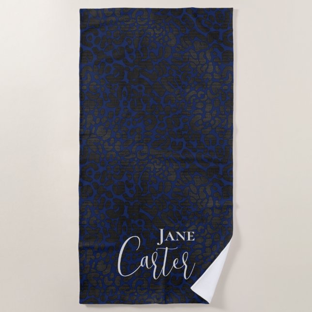 Personalized Elegant Navy Blue Black Leopard Beach Towel (Front)
