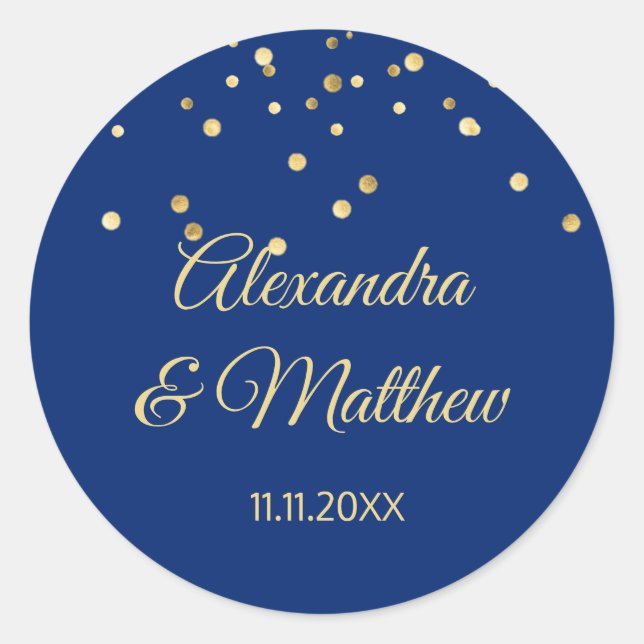 Personalized Elegant Navy Blue Gold Wedding Classic Round Sticker (Front)