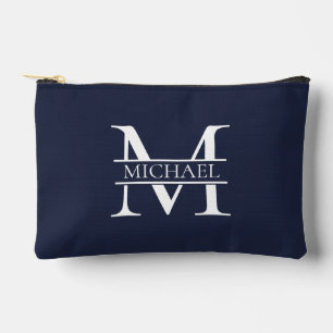 Personalized Elegant Navy Blue Monogram and Name Accessory Pouch