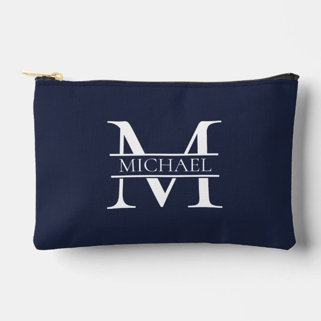 Personalized Elegant Navy Blue Monogram and Name Accessory Pouch (Front)