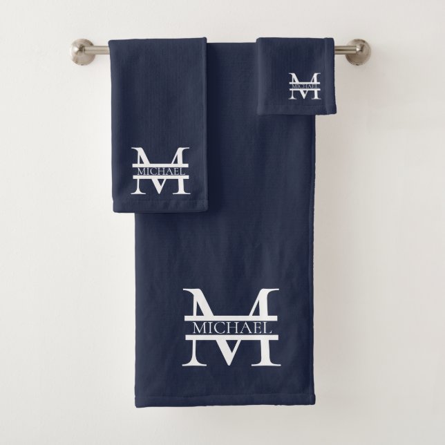 Personalized Elegant Navy Blue Monogram and Name Bath Towel Set (Insitu)