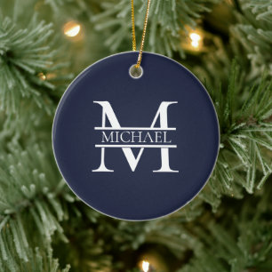 Personalized Elegant Navy Blue Monogram and Name Ceramic Ornament