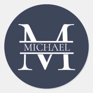 Personalized Elegant Navy Blue Monogram and Name Classic Round Sticker