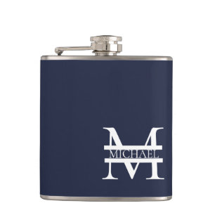 Personalized Elegant Navy Blue Monogram and Name Hip Flask