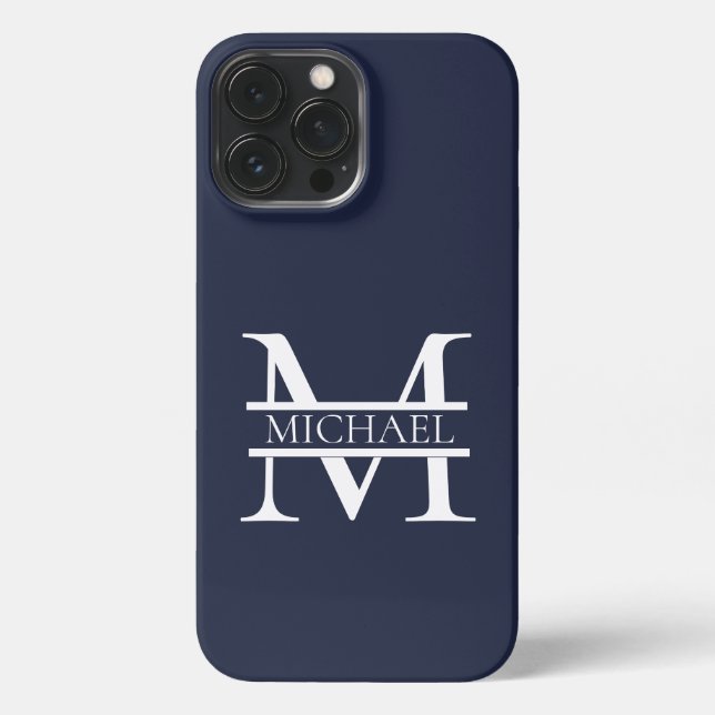 Personalized Elegant Navy Blue Monogram and Name iPhone Case (Back)