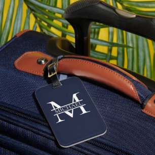 Personalized Elegant Navy Blue Monogram and Name Luggage Tag