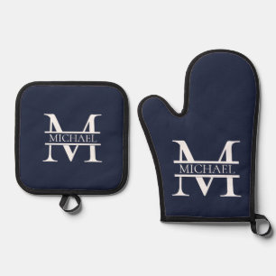 Personalized Elegant Navy Blue Monogram and Name Oven Mitt & Pot Holder Set