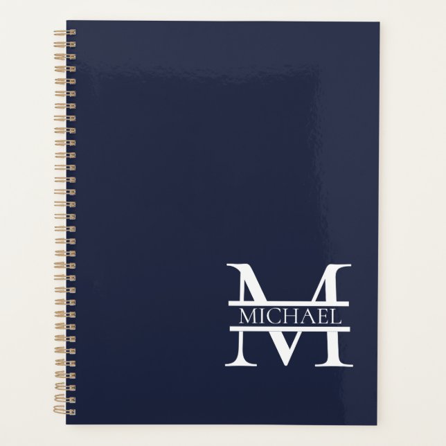 Personalized Elegant Navy Blue Monogram and Name Planner (Front)