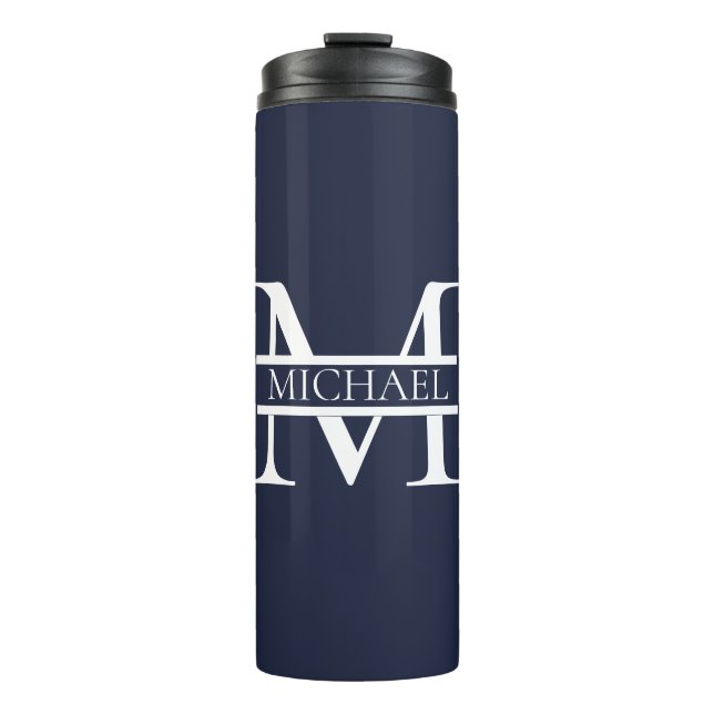 Personalized Elegant Navy Blue Monogram and Name Thermal Tumbler (Front)