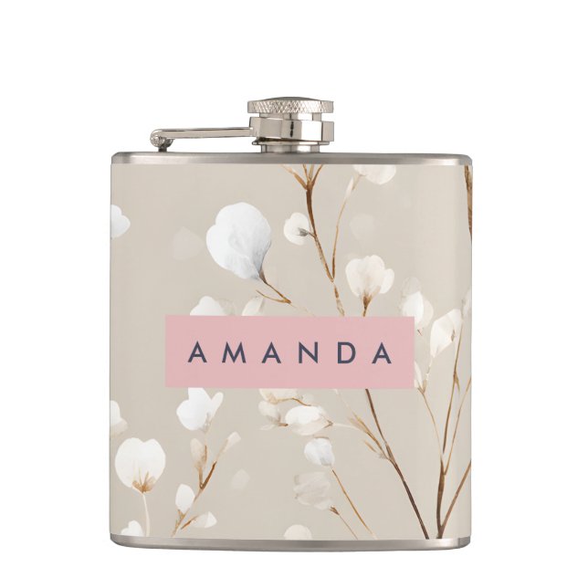Personalized Elegant Neutral Cotton Blossom Hip Flask (Front)