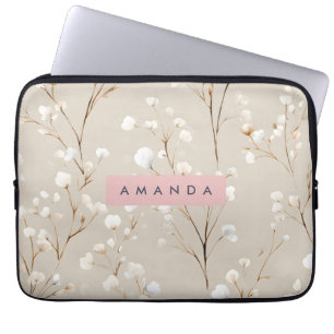Personalized Elegant Neutral Cotton Blossom Laptop Sleeve