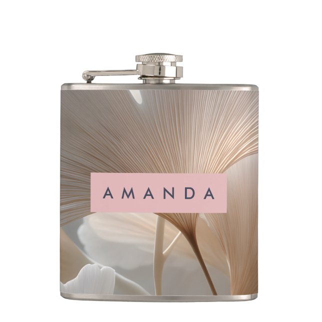Personalized Elegant Neutral Ginkgo Leaves Hip Flask (Front)