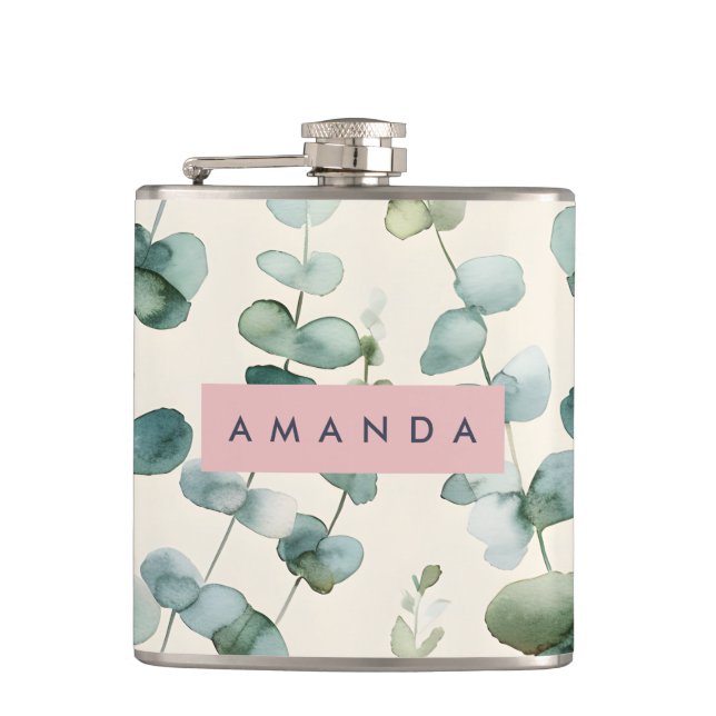 Personalized Elegant Pastel Eucalyptus Leaves Hip Flask (Front)
