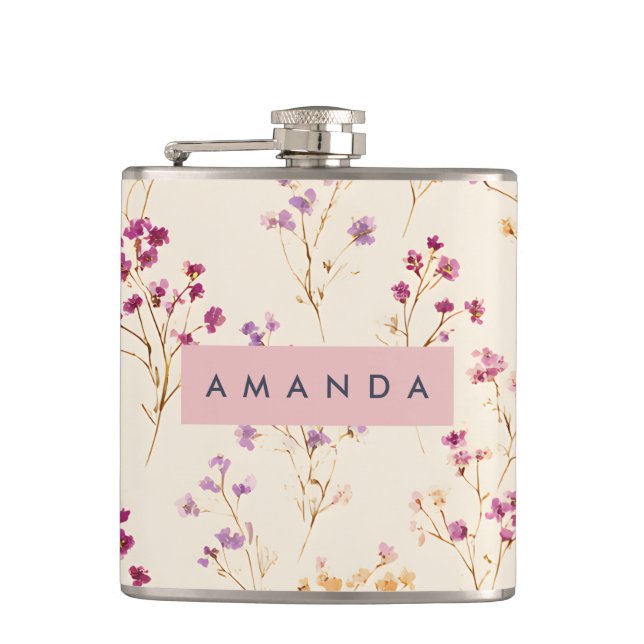 Personalized Elegant Pastel Floral Design Hip Flask (Front)