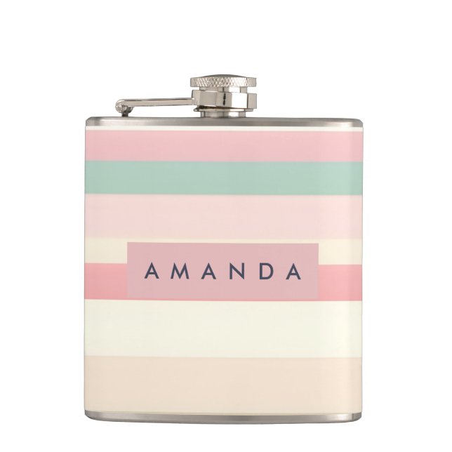 Personalized Elegant Pastel Macaron Stripe Hip Flask (Front)