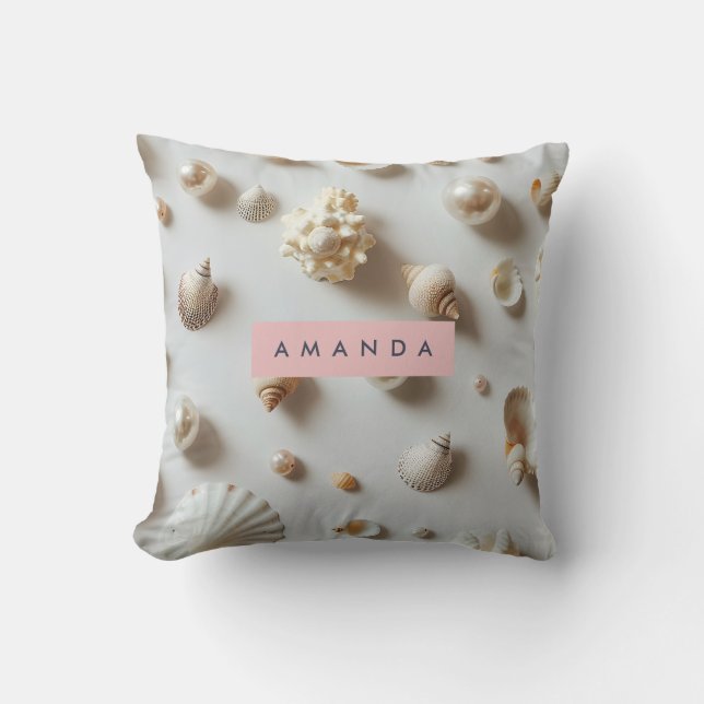 Personalized Elegant Pastel Seashell & Pearl Throw Pillow (Front)