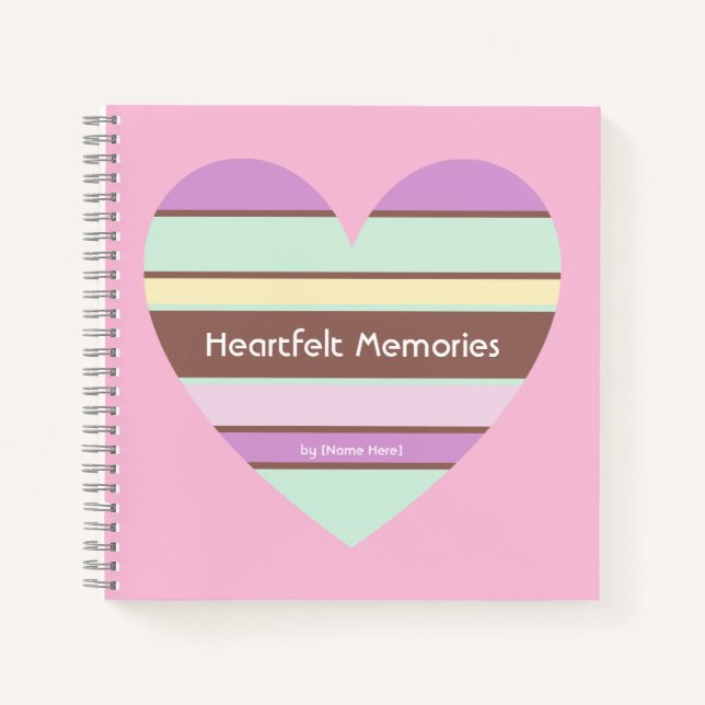 Personalized Elegant Pastel Stripes Heart on Pink Notebook (Front)