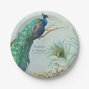 Personalized Elegant Peacock on Tree Branch Art Paper Plate
