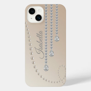 Personalized Elegant Pearl and Diamonds on Beige iPhone 14 Plus Case