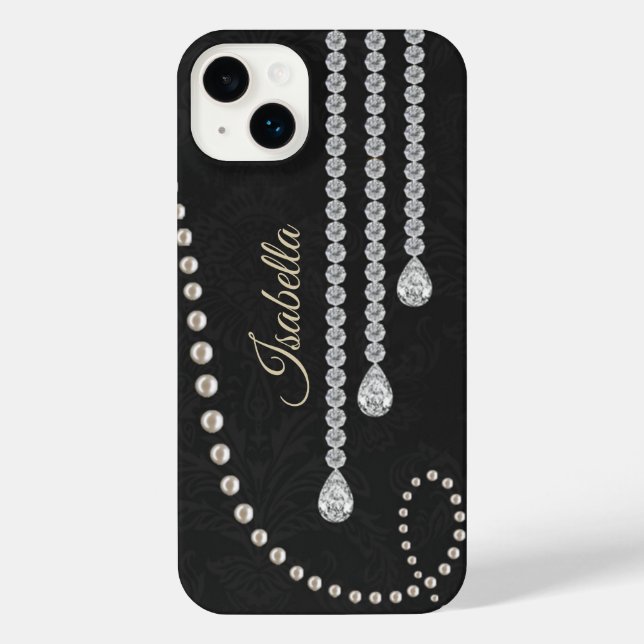 Personalized Elegant Pearl and Diamonds on Black N iPhone Case (Back)