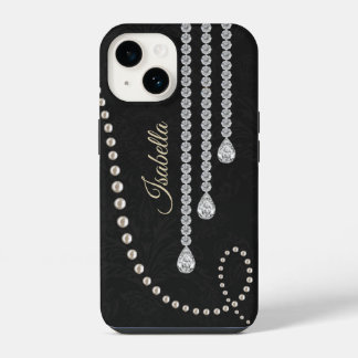 Personalized Elegant Pearl and Diamonds on Black N iPhone 14 Case