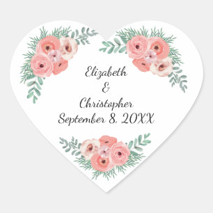 Personalized Elegant Pink and Green Floral Heart Sticker