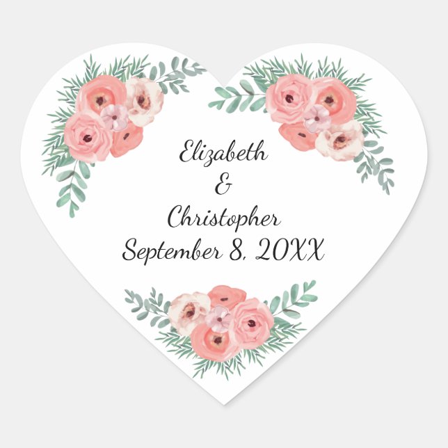 Personalized Elegant Pink and Green Floral  Heart Sticker (Front)