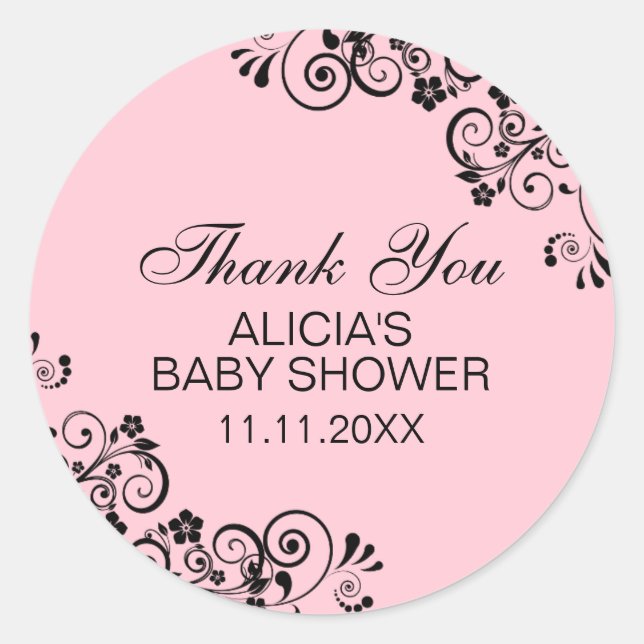 Personalized Elegant PINK Baby Shower Thank You Classic Round Sticker (Front)