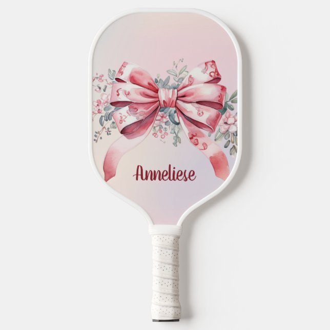Personalized Elegant Pink Bow chinoiserie Pickleball Paddle (Front)