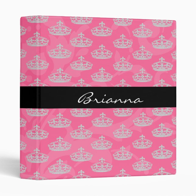 Personalized Elegant Pink Damask Crown Binder (Front/Spine)