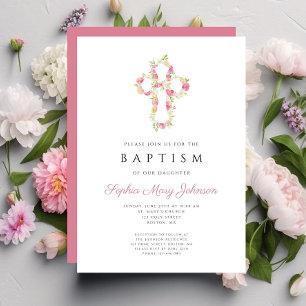 Personalized Elegant Pink Floral Cross Baptism Invitation