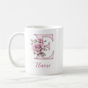 Personalized Elegant Pink Floral Monogram Letter E Coffee Mug