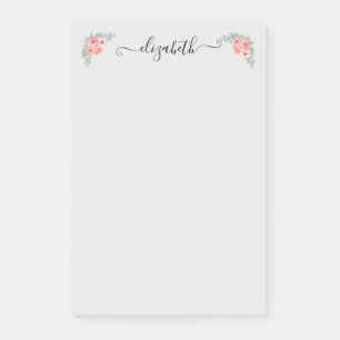 Personalized Elegant Pink Floral Script  Post-it Notes