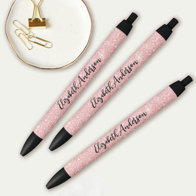 Personalized Elegant Pink Glitter Black Ink Pen (Pretty Pink glitter drawing Pens. so pretty and they coordinate with the pink glitter sketchbooks!)