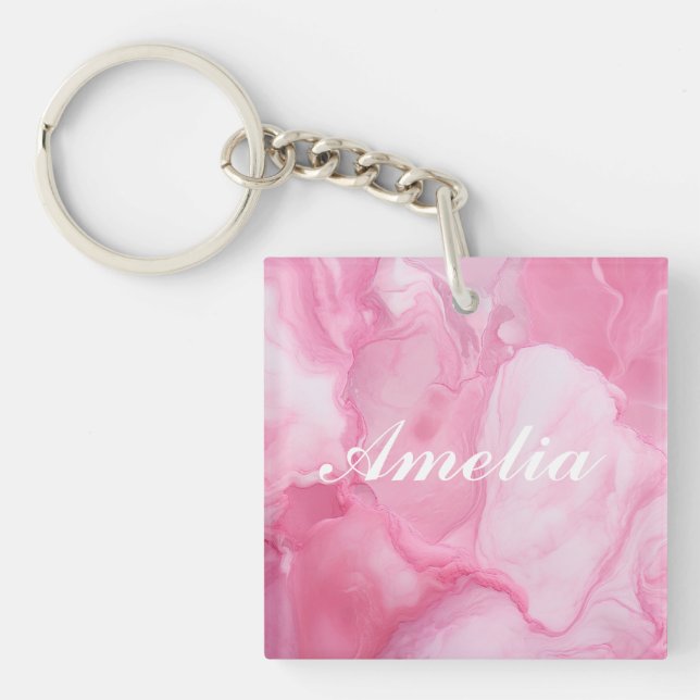Personalized elegant pink marble calligraphy  keychain (Front)