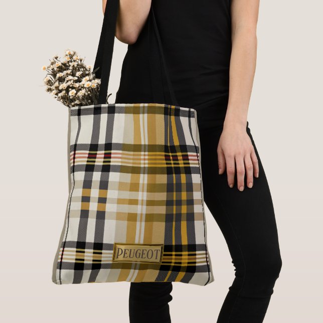 Personalized Elegant Plaid Tan and Taupe Tote Bag (Close Up)
