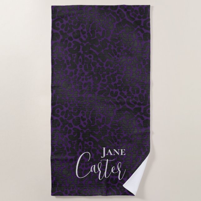 Personalized Elegant Purple Black Leopard Beach Towel (Front)