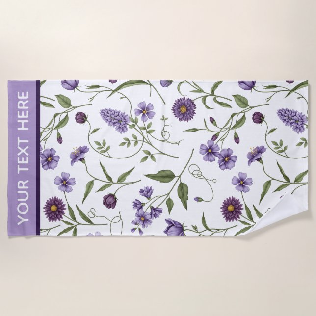 Personalized Elegant Purple Floral Botanical Beach Towel (Front)