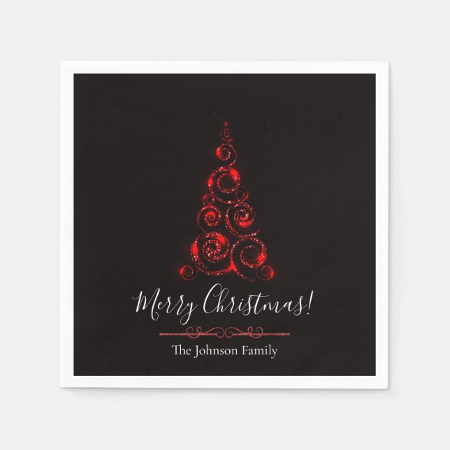 Personalized Elegant Red Glitter Christmas Tree Napkin (Front)