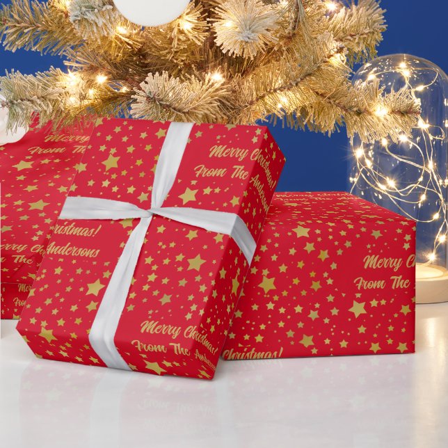 Personalized Elegant Red Gold Stars Christmas Wrapping Paper (Holidays)