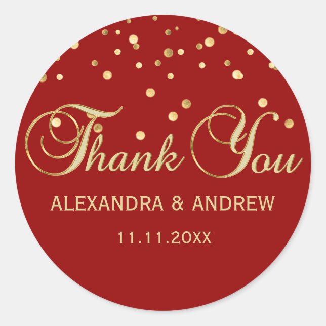 Personalized Elegant Red Gold Wedding Thank You Classic Round Sticker (Front)