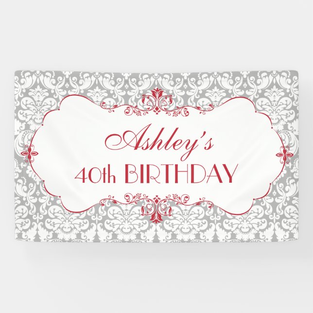 Personalized Elegant Red Grey Birthday Banner (Horizontal)