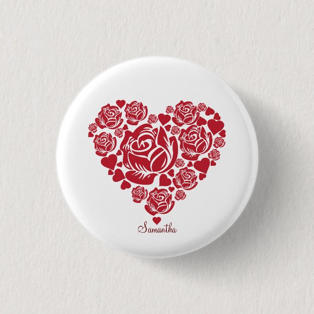 Personalized Elegant Red Rose Heart Valentine's   1 Inch Round Button (Front)